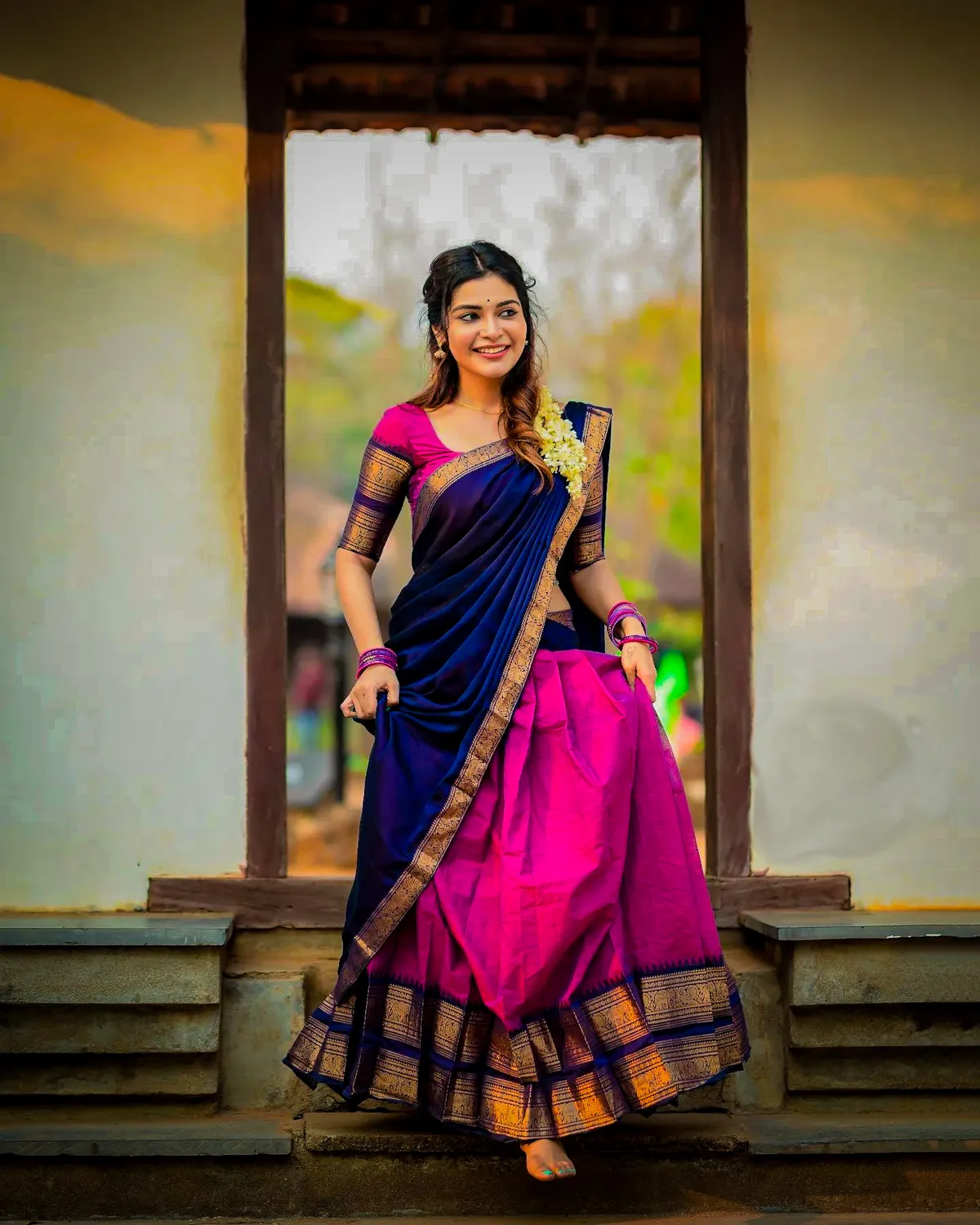 Pink & Blue Zari Work Half Saree